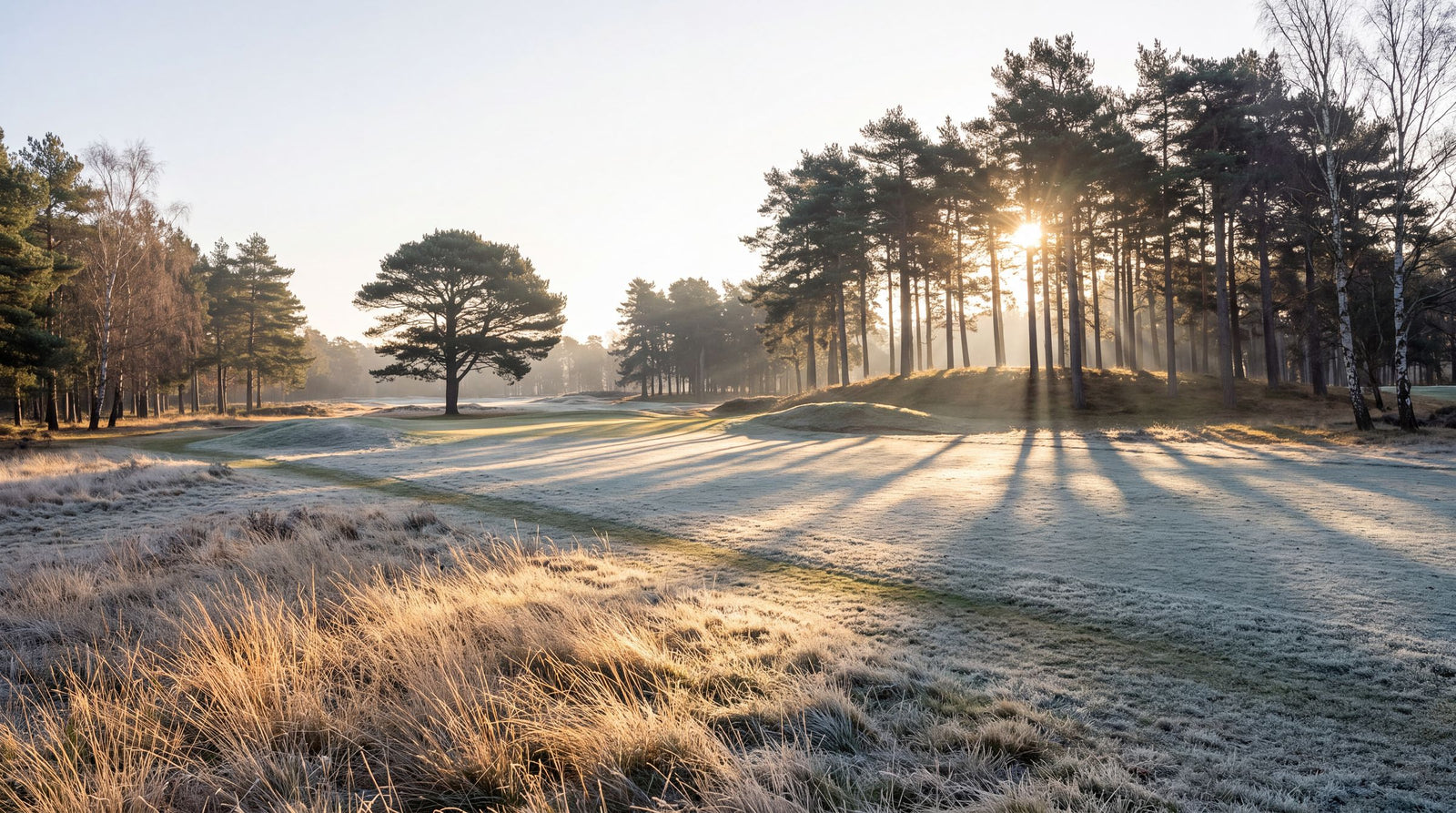 A frosted heathland golf course at sunrise, light through the pines