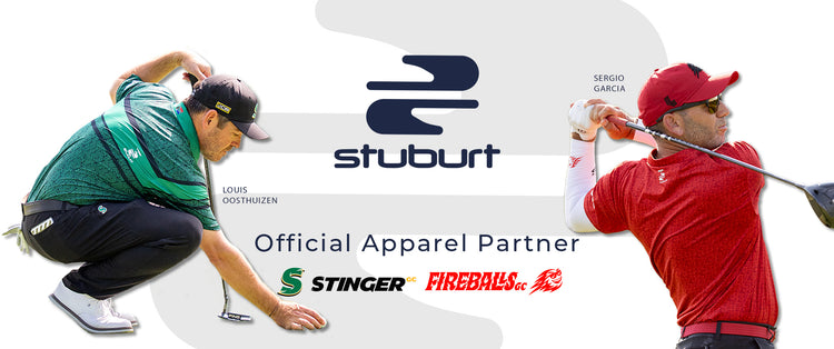Golf advertisement featuring two players and Stuburt branding with additional logos below.
