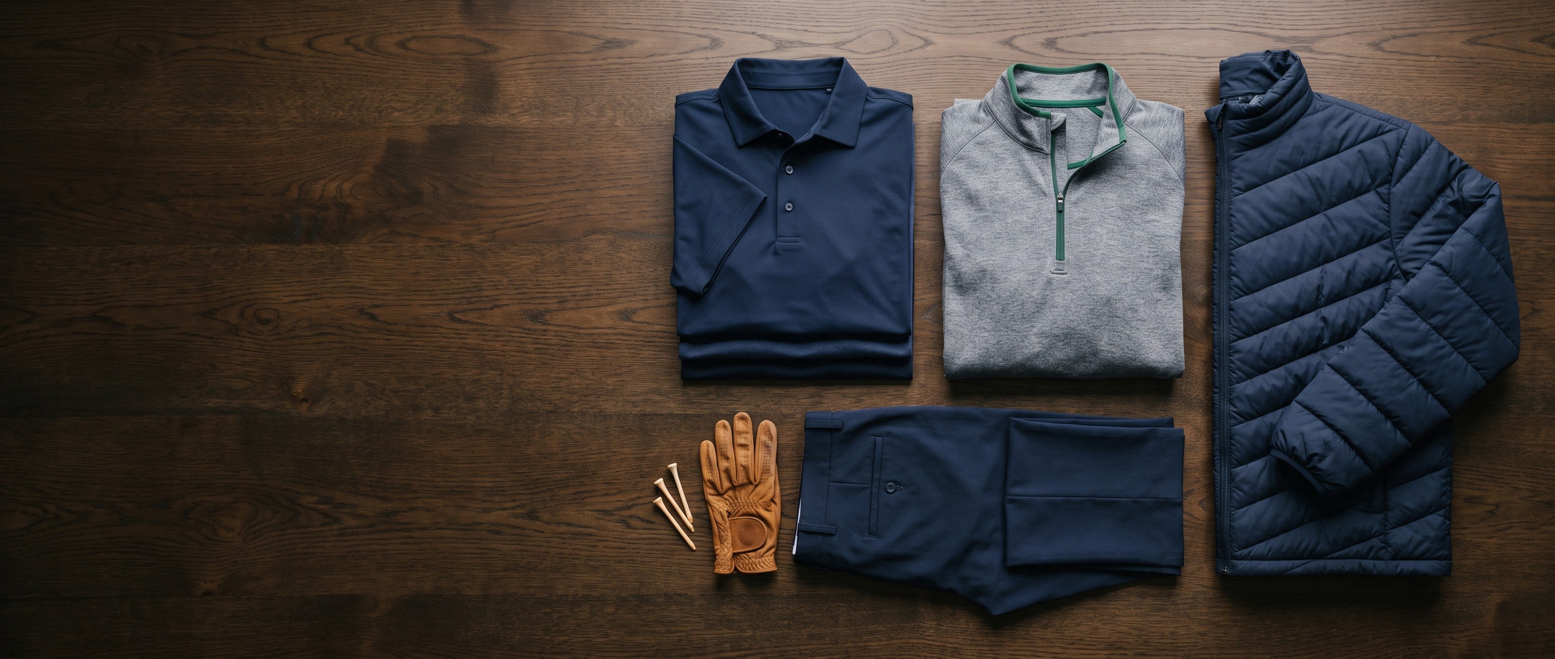 A complete Stuburt golf wardrobe laid out on an oak bench: folded polos, a quarter-zip mid layer, a quilted jacket and trousers