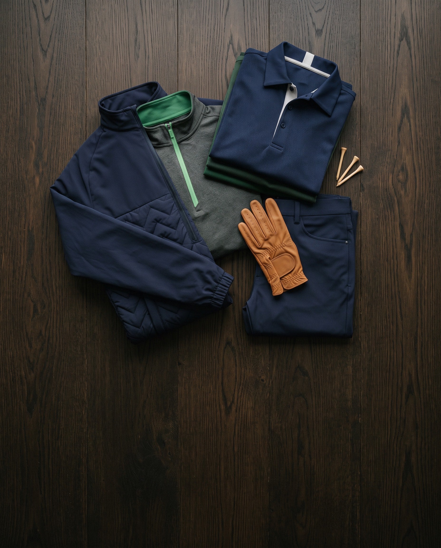 A complete Stuburt golf wardrobe laid out on an oak bench: folded polos, a quarter-zip mid layer, a quilted jacket and trousers